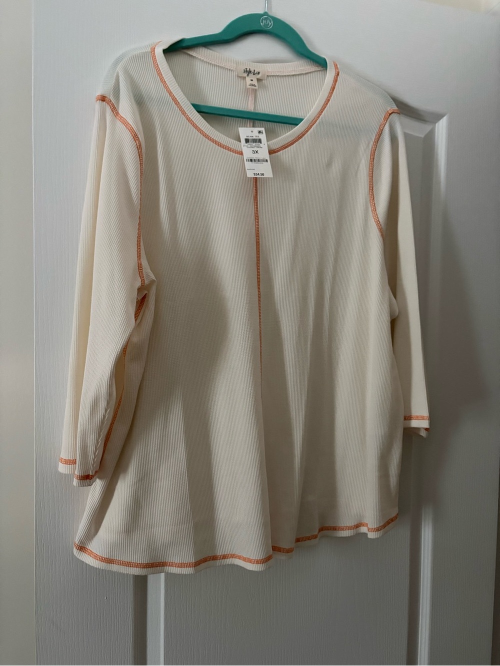Style & Co. Cream Long Sleeve Tee with Orange Contrast Stitching
